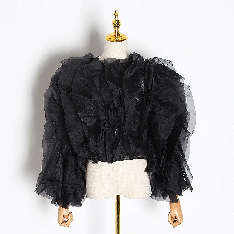 

2021 Spring New Fashion Chic Ruffles Patchwork Blusas Solid O Neck Loose Mesh Blouse Women Casual Heavy Club Party Tops