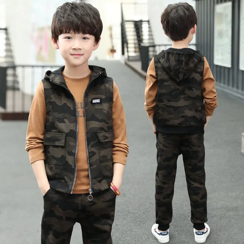 

3PCS Teen Kids Clothes Baby Boys Costume Letter Tracksuit Camouflage Tops Pants Children Boy Winter Outfits Set roupa infantil