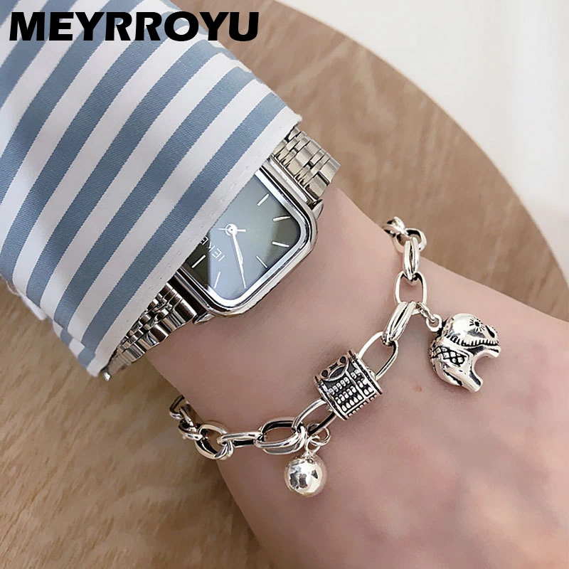 

MEYRROYU Silver Color Retro Cute Elephant Pendant Bracelet For Girls Thick Hollow Chain Punk S-shaped Buckle Unique Party
