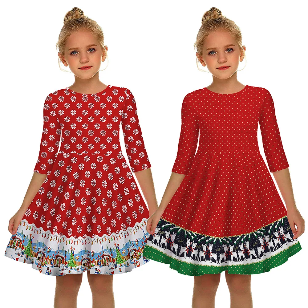 Детские платья для девочек с длинными рукавами Платье принтом оленя и снежинки