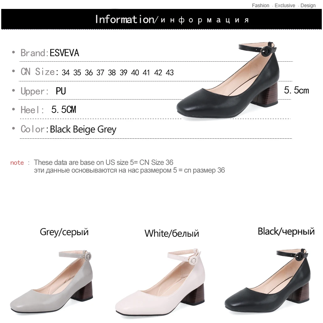 

ESVEVA 2020 Shoes Ankle Strap Sexy Round Toe Women Pumps Fashion Elegant Med Heel Shallow Women Single Shoes Size 34-43