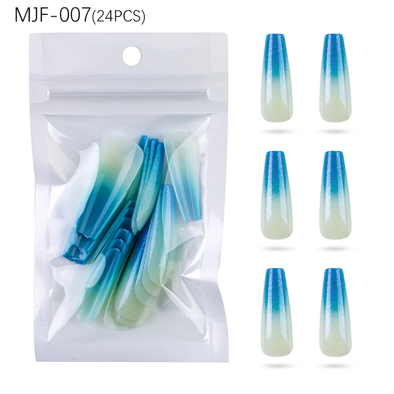

24Pcs Full Cover French Nail Tips Long Ballerina Nail Tips Blue Glitter Fake Nail Art Press on Tips Manicure Supplies Pink Nail