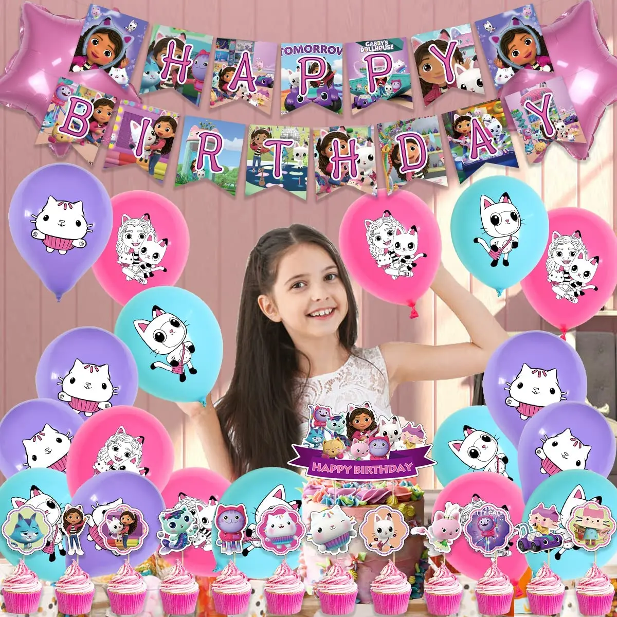 cartoon gabby dollhouse baby shower decoration girl birthday party supplies cake toppers purple cups plates tablecloth balloons free global shipping