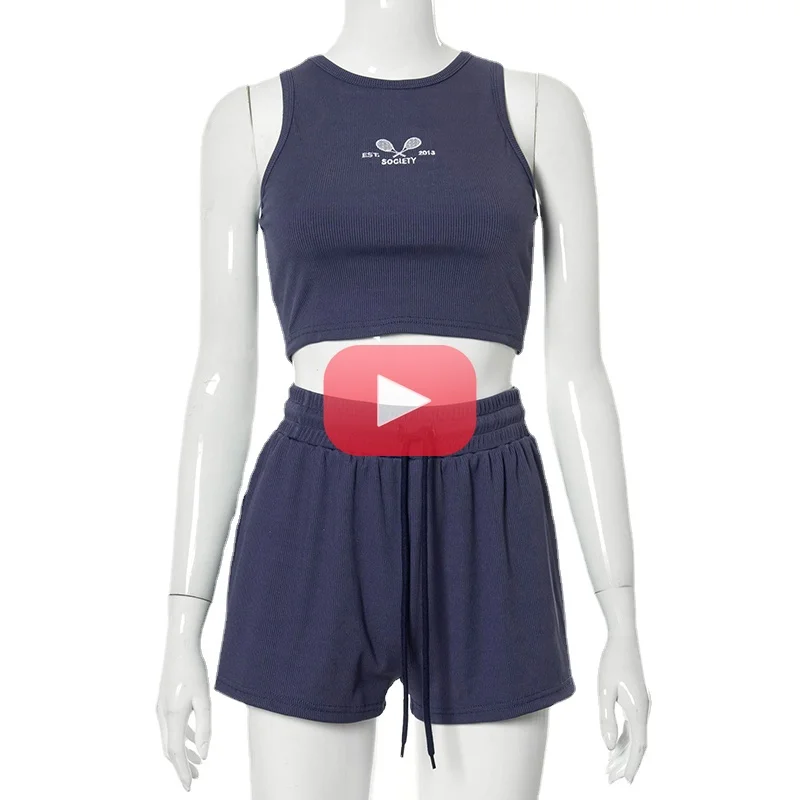 

2021Solid Round Neck Sleeveless Short Vest High Waist Drawstring Shorts Two Piece Suits Summer Women Sports Outfits