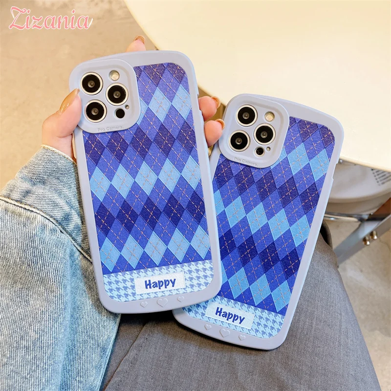 

Lovely Simple Fashion Blue Lingge Houndstooth Soft Phone Case For iPhone 13 12 11 Pro XS Max X XR 7 8 Plus Cover Girl Gift Cute