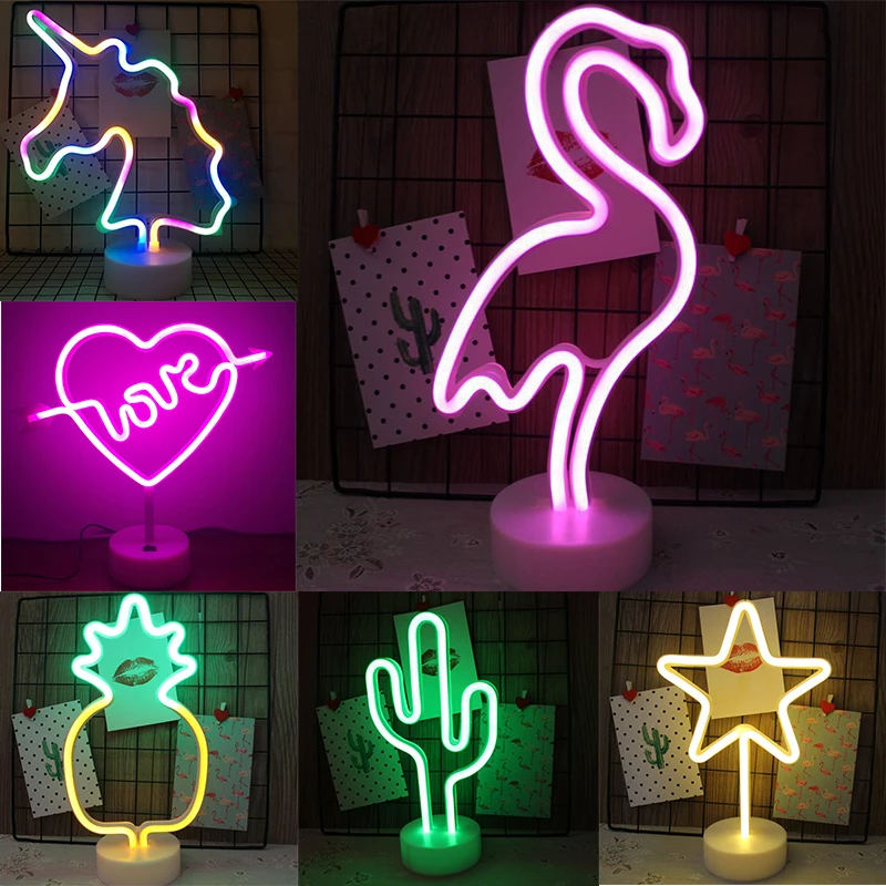 

USB LED Neon Sign Light Holiday Flamingo Night Light Xmas Party Wedding Decoration Night Light Home Gift Unicorn Heart Neon Lamp
