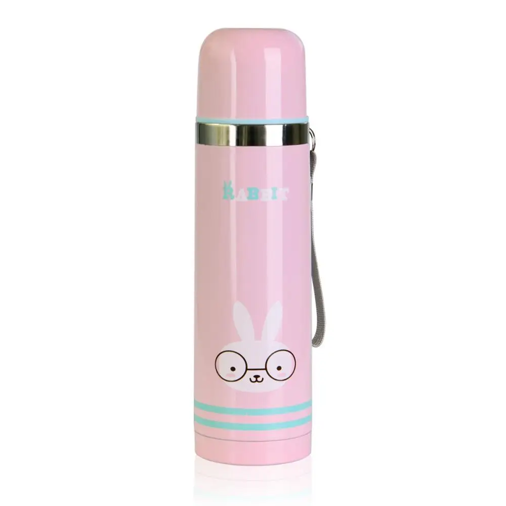 Pink FISSMAN 500 мл вакуумная бутылка с двойными стенками из нержавеющей стали для женщин и детей термос с ремешком - Цвет: Pink