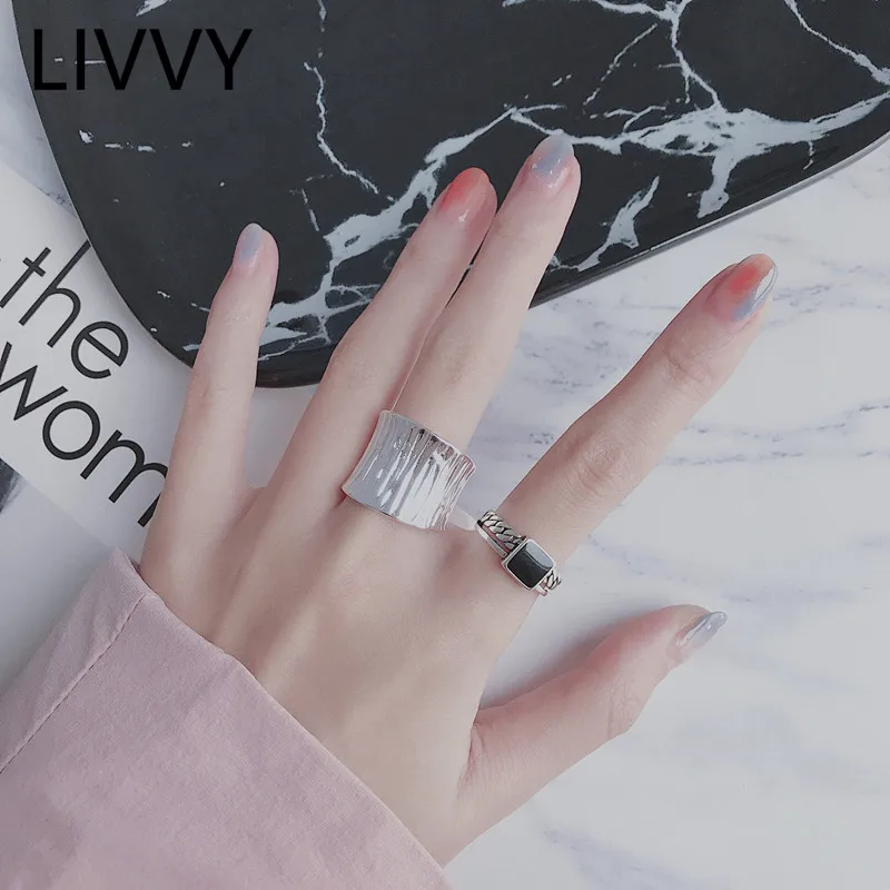 

LIVVY Fashion Silver Color Black Drop Glaze Square Open Rings for Women Men Irregular Wide Rings Party Jewelry Gifts