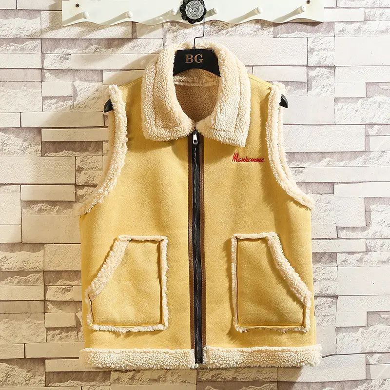 Жилет мужской из плотного меха ягненка осенне-зимний в японском стиле Харадзюку