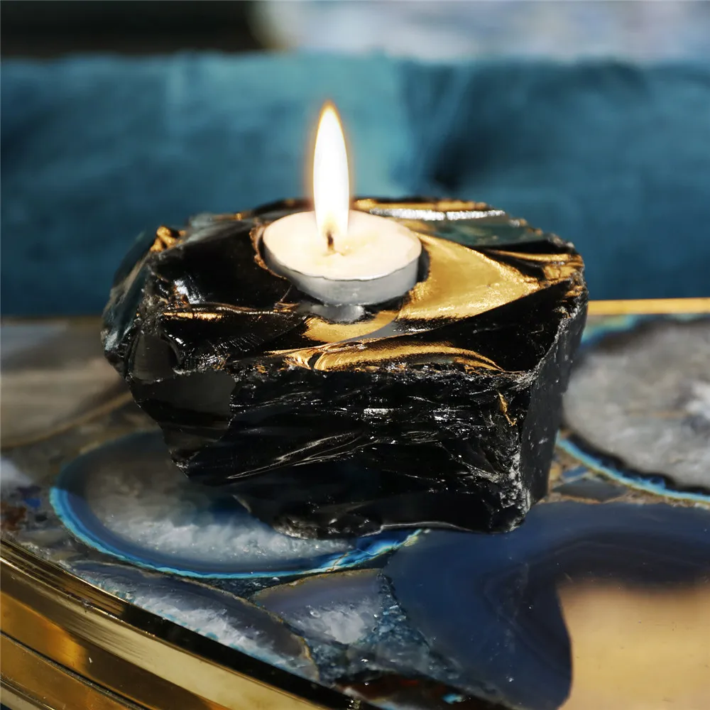 1pcs Obsidian Chakra Natural Stones Candle Holders Evil Spirits Home Decor Candlesticks Energy Stones Candle Stick