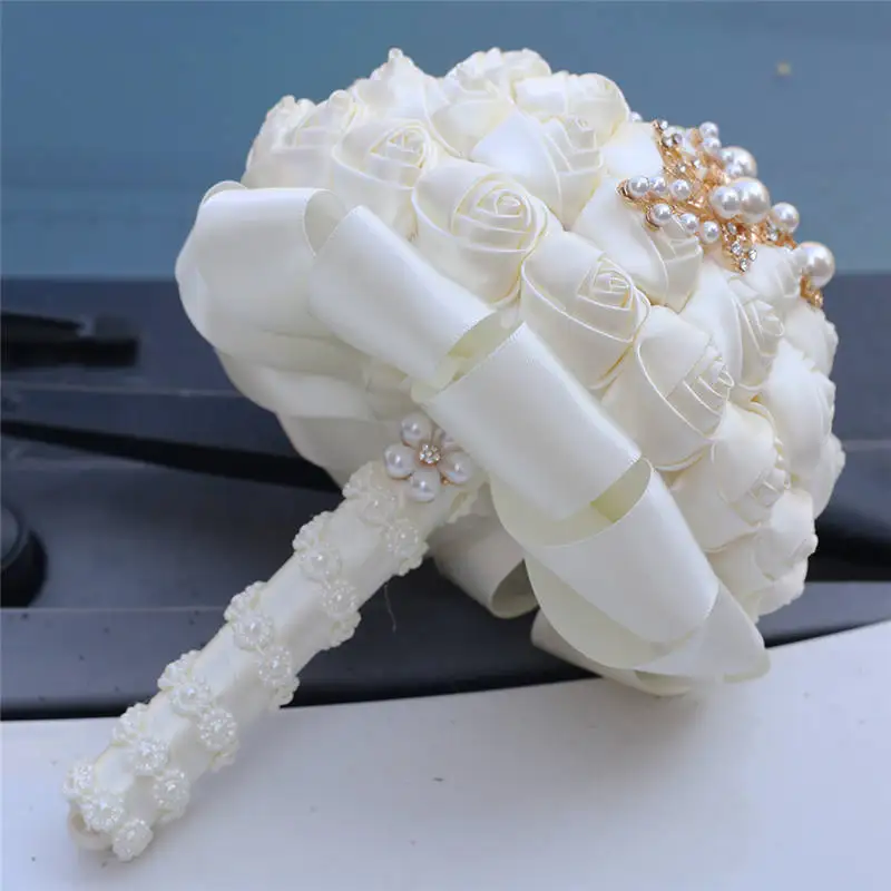 WifeLai-A Wedding Bouquets With Pearl Beaded Romantic Ivory Ribbon Rose Bride's Bouquet Bridesmaid Flower De Noiva W706 | Свадьбы и