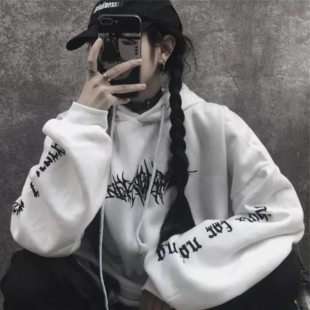 Women Loose Streetwear Black Sweatshirt Knitted Hooded Sexy Print Hoodies Fashion Pullovers Long Hoodie Tops Harajuku | Женская одежда