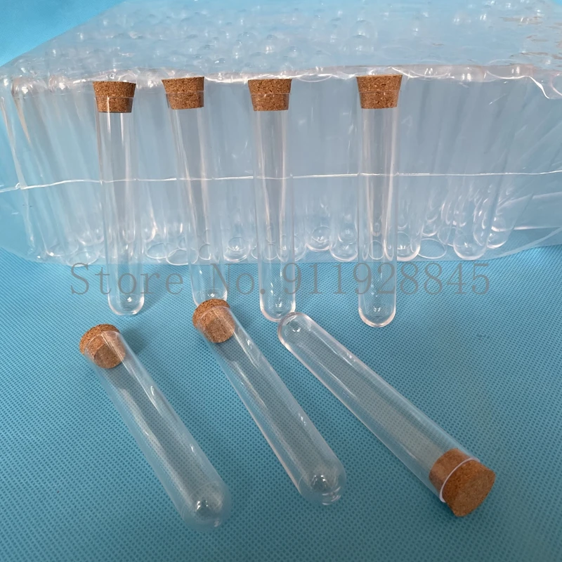 

200Pcs 18x100mm Clear Plastic Test Tubes Vials With Corks Caps,Wedding Favor Gift Tube School Lab Supplies