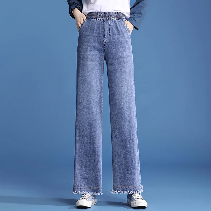 

Женские широкие джинсы с грубыми краями, новинка весны и лета 2021, облегающие свободные вертикальные повседневные Прямые брюки с высокой тал...