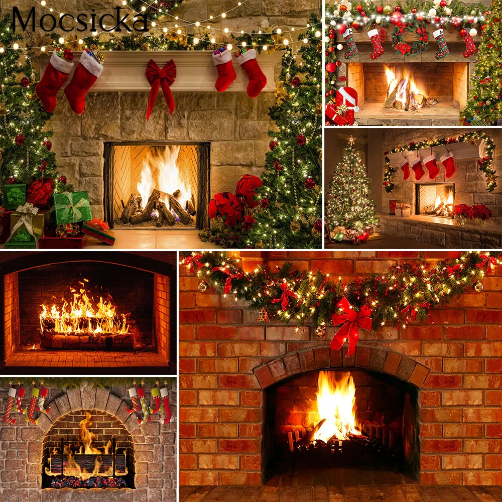 Mocsicka Christmas Fireplace Backdrop Burning Fireplace Xmas New Year Fireplace Wallpaper Photoshoot Photo Studio Background