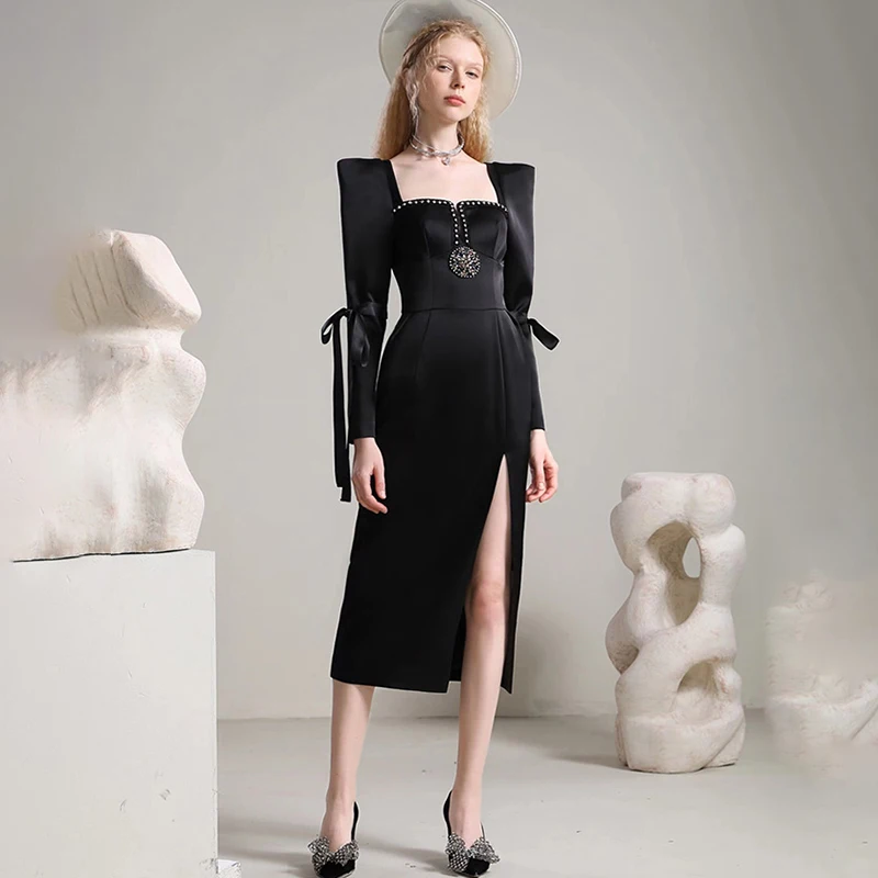 

Красное вечерние нее платье с квадратным вырезом, длинное платье средней длины со стразами и разрезом, элегантное прямое платье в стиле Хеп...