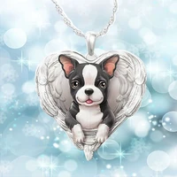 hot new fashion boston terrier heart dog necklace silver color angel wings pendant for women girl party jewelry gift