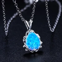 fashion necklace charm water drop geometric blue imitaztion fire opal pendant necklace for women accessories bohemian gift