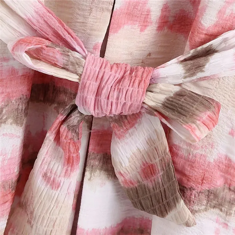 

TRAF Top Za 2021 Kimono Women Summer Tie Dye Long Woman Beach Kimono Vintage Japanese Tied Belt Streetwear Casual Blouse