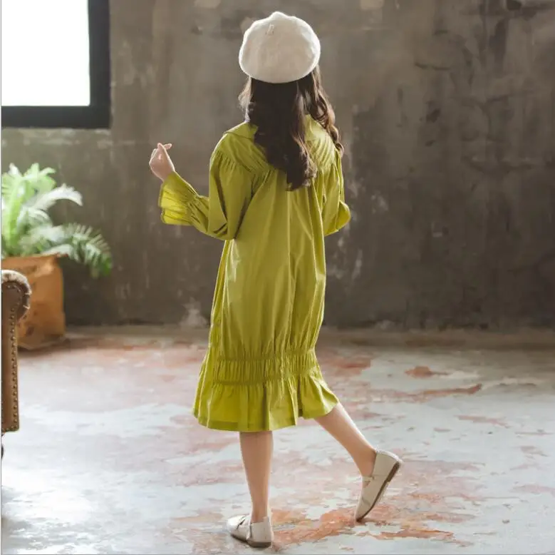 Модные платья для девочек осень 2019 желтое зеленое хлопковое детское платье с