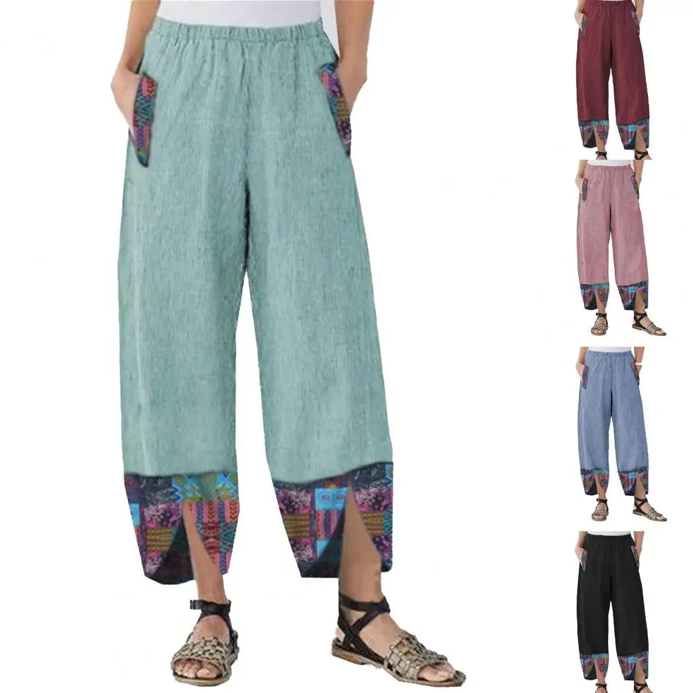 

Summer Women Loose Wide Leg Pants All Match Printed Patchwork 2021 New Bohemia Wide Leg Pockets Irregular Trousers for Dating
