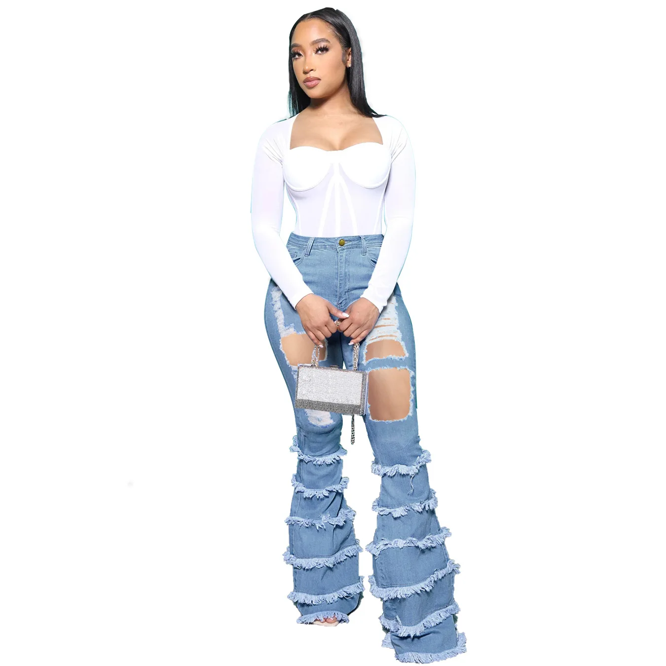 

European and American women's fashion big hole denim cake pants cargo pants women baggy jeans women