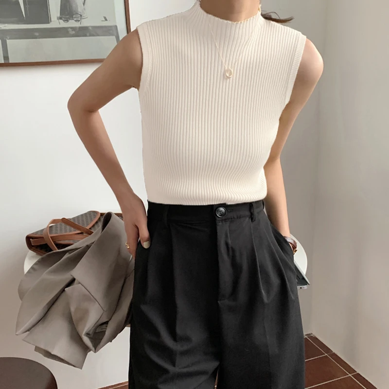 Сексуальные женские топы на бретелях с высоким воротником без рукавов Вязанный