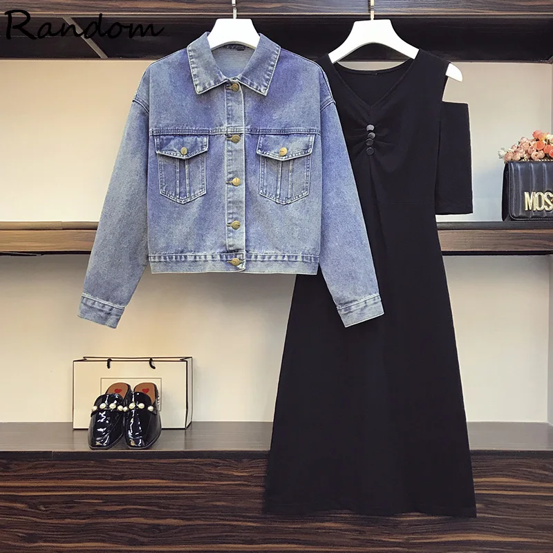 

2021 Spring Plus Size Women Dress Suit Demin Jacket Coat Top And T Shirt DressTwo Piecet Set Matching Outfits Streetwear Clothes