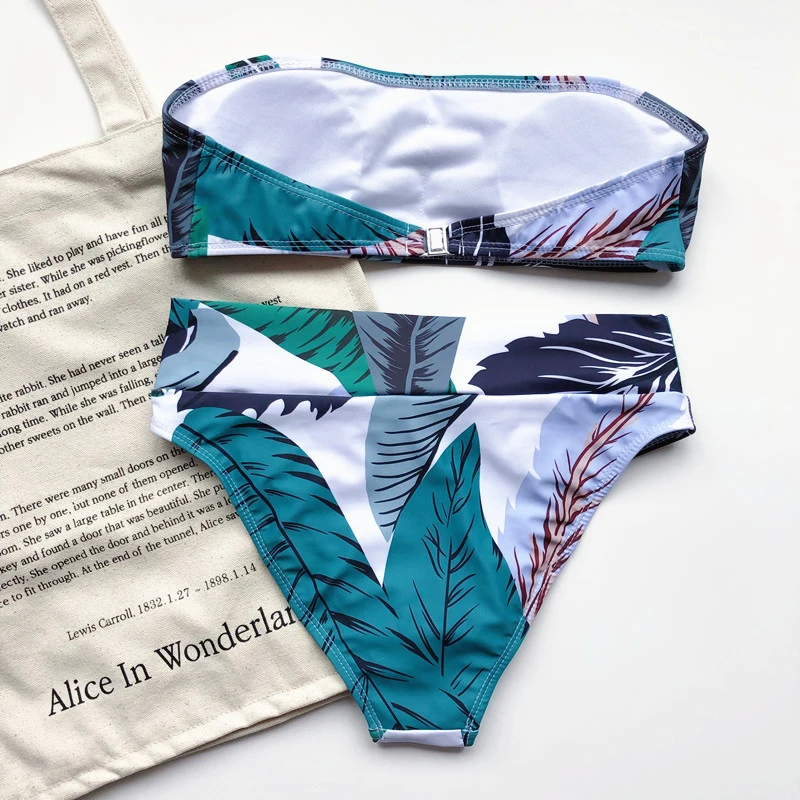 

2020 New Leaves Print Bikini Swimsuit Women Push Up Bikini Set Bandeau Swimwear Bathing Suit 2 Pieces Brazilian Biquini Female