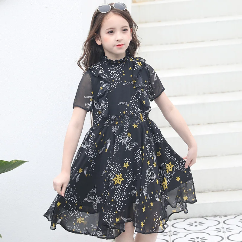 Милое черное платье с принтом Звездная Вселенная для детей повседневная одежда
