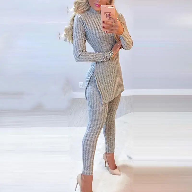

Autumn Winter 2 Piece Set Women's Knitted Tracksuit Slit Long Tops And Bodycon Female Pants Sets Womens Outfits