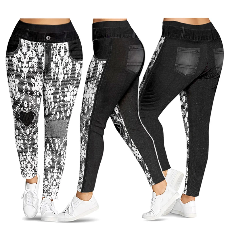 Lace print grey Wipalo, леггинсы размера плюс с высокой талией и 3D принтом, женские штаны, повседневные обтягивающие леггинсы с эластичной талией, женские брюки - Цвет: Lace print grey