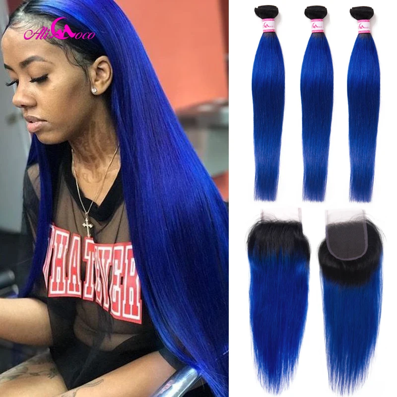 Али Коко 1B синий Омбре 3 пряди с закрытием Remy бразильские натуральные кудрявые