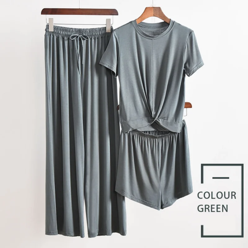 

3 Pieces Women Tshirt + Shorts + Pants Sets Summer Female Sleepwear Set Casual Pajamas Ladies Sports Tracksuit Women Suits WF089