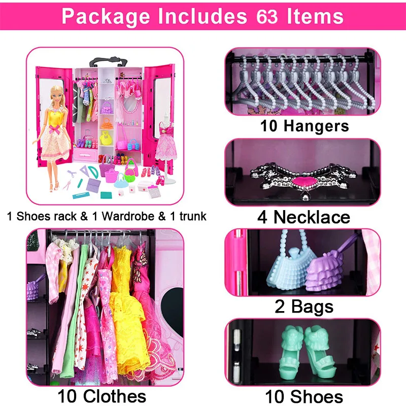 63 шт. аксессуары для кукол Барби = шкаф + стойка обуви вешалки корона высокий