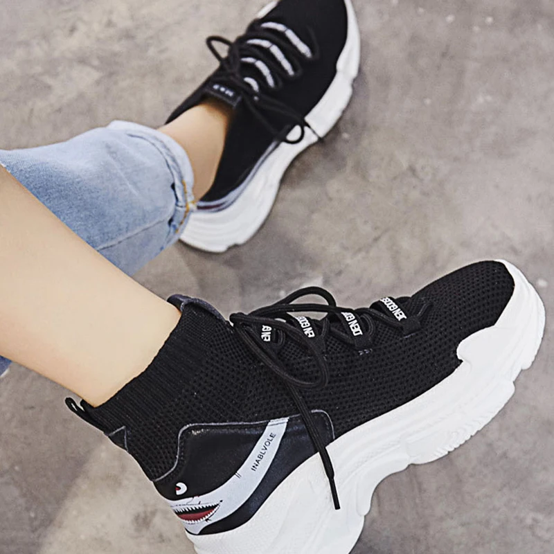 Женские кроссовки с рисунком акулы трикотажные дышащие носки модная обувь на