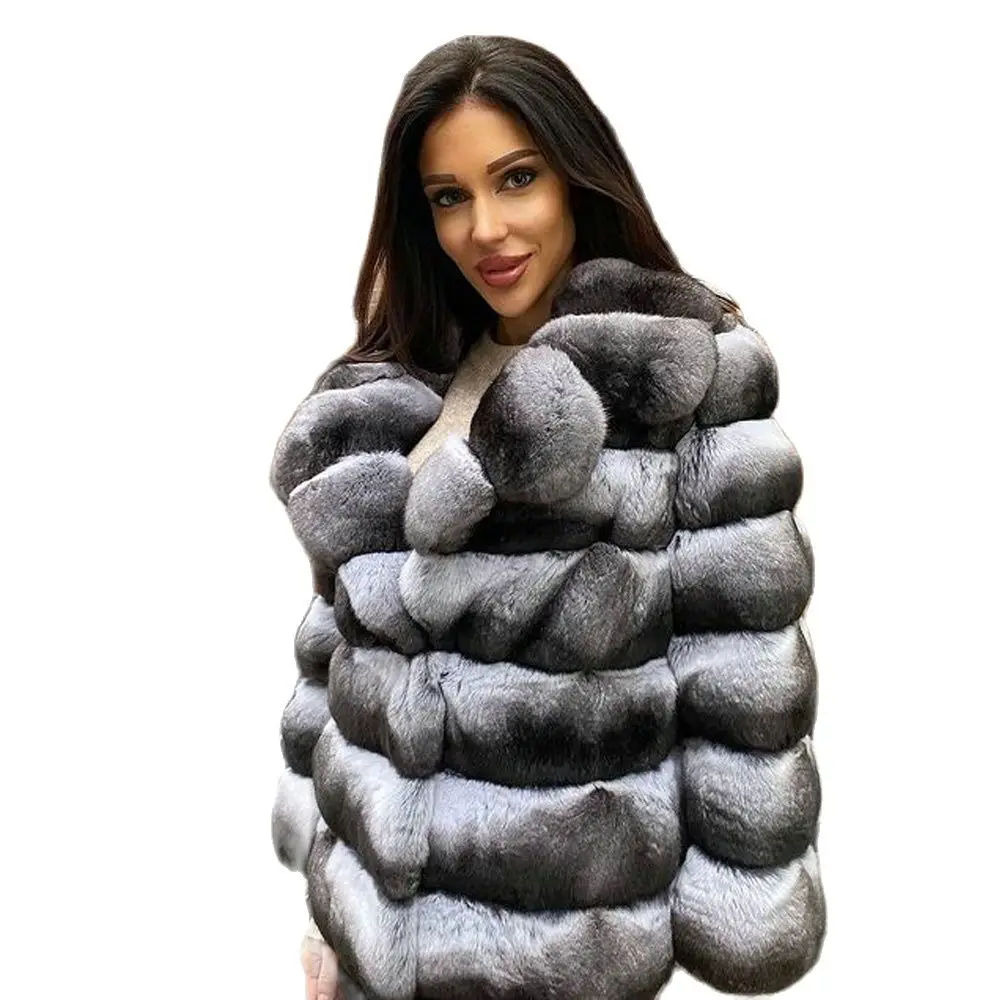 Women Genuine Rex Rabbit Fur Coat Turn-down Collar Natural High Quality Chinchilla Color Real Rex Rabbit Fur Jacket Short Outfit