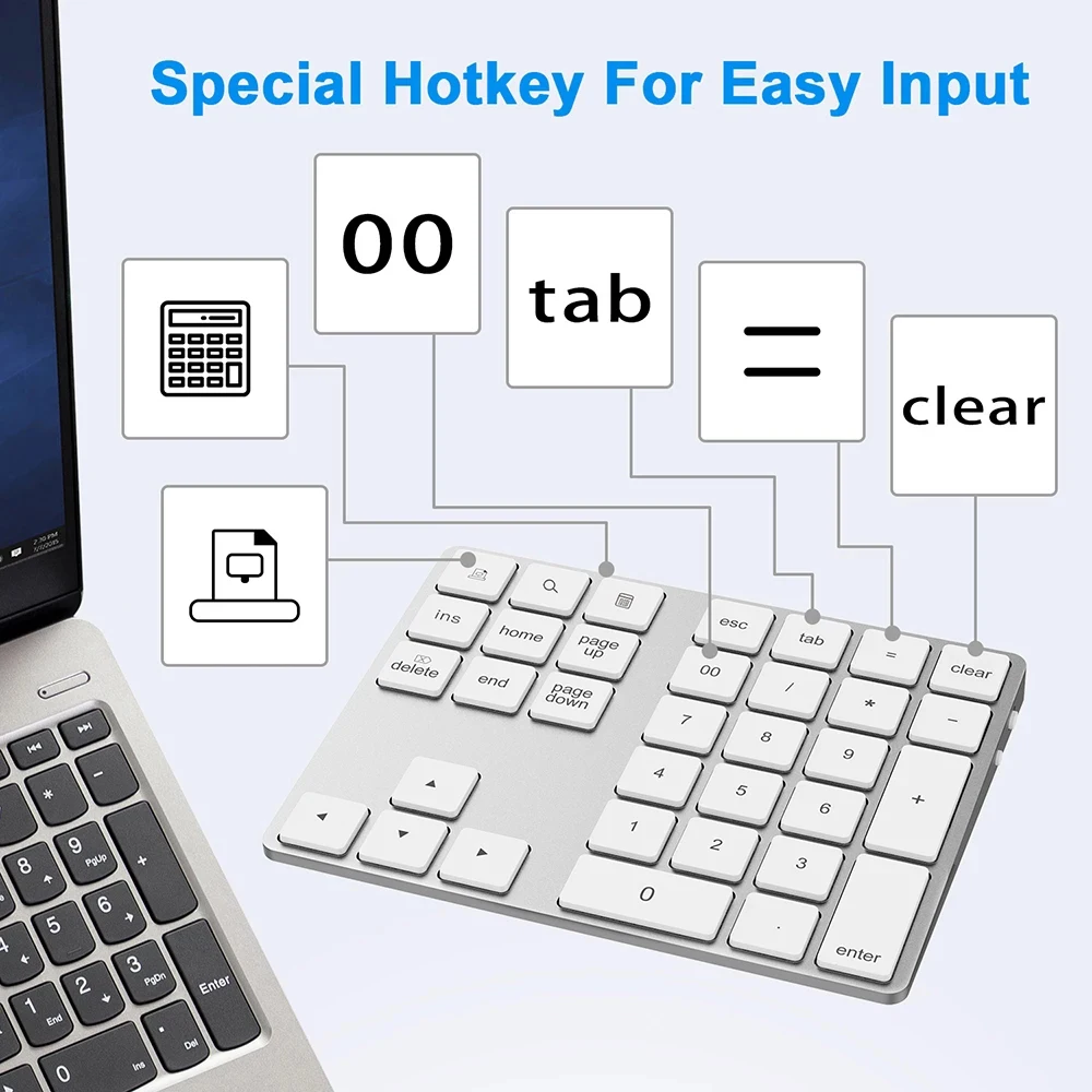 

Bluetooth Keyboard 2 in 1 USB 3.1 Gen 2 Rechargeable Wireless 34-Key Numeric Keypad with USB3.0 HUB Support IOS/Android/Windows