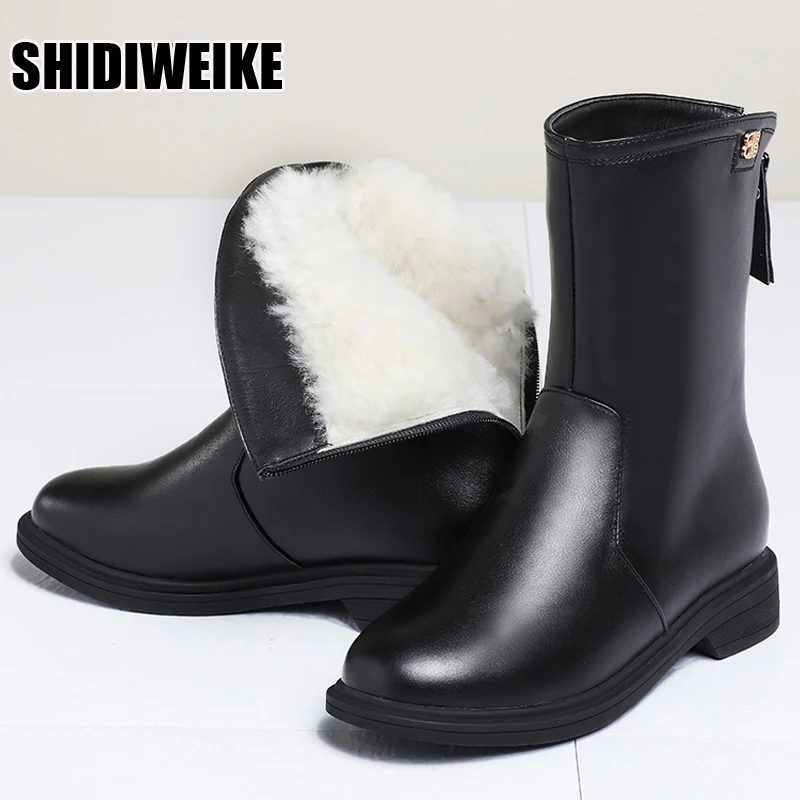 

New Winter Snow Boots Women Warm Wool Fur Shoes Fashion Genuine Leather Flat Non-slip Waterproof Women Mid Calf Boots VC2154