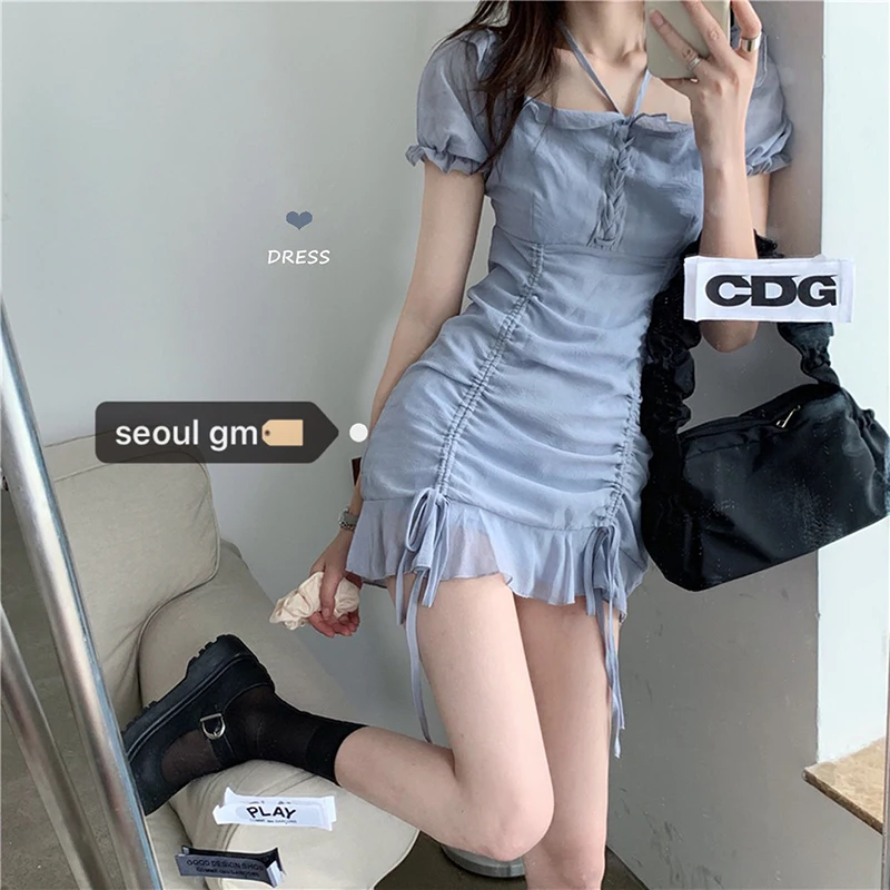 

2021 Korean Fashion Chiffon Ruffles Dress Women Trend Lady Simple Solid Color Puff Sleeve Mermaid Fishtail Dresses Plus Size 4xl