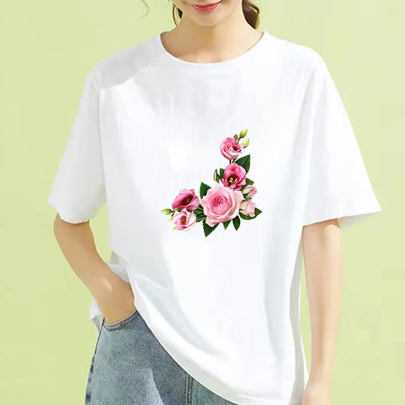 

Women T Shirt Flower Clothing Short Sleeves O-neck Basic Female Casual Loose Summer Tops Tees Fashion Graphic Tshirt 2021 New