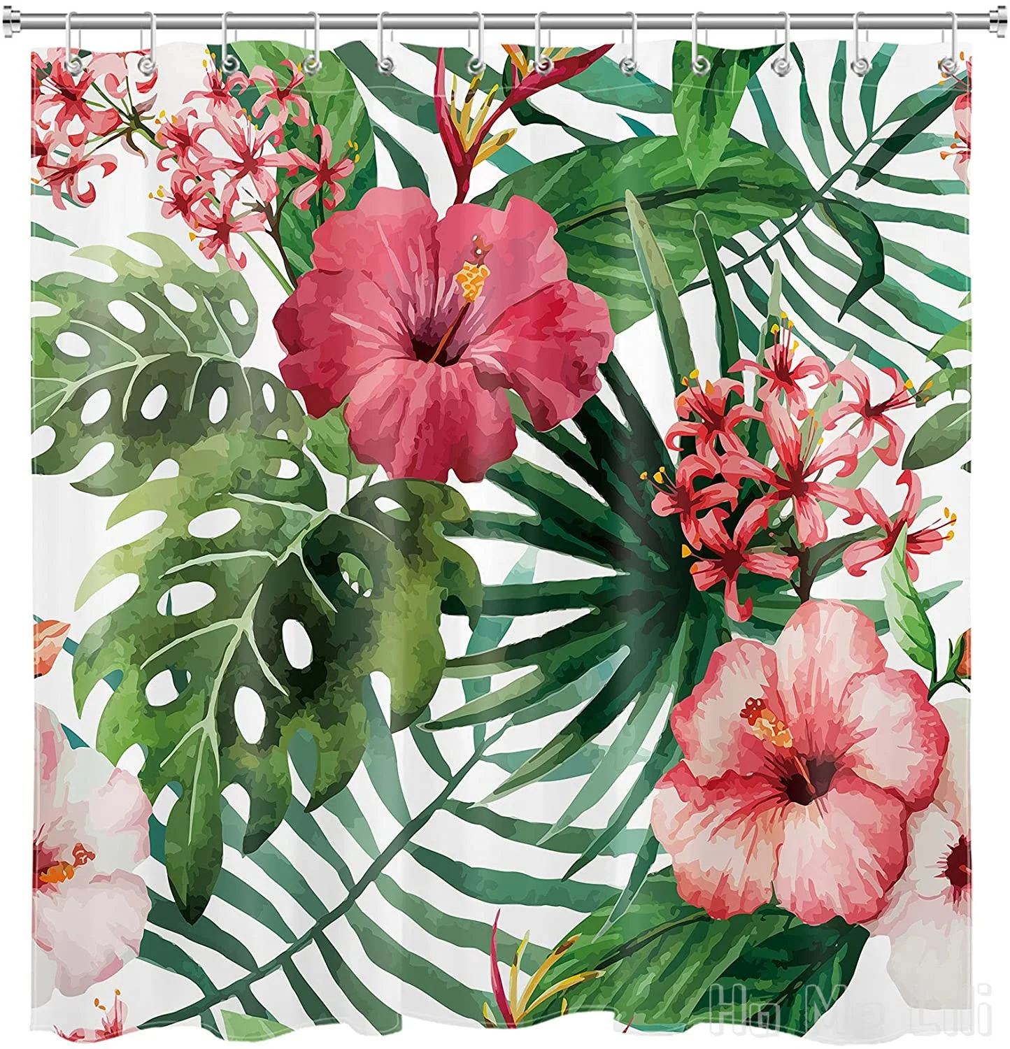 

Tropical Palm By Ho Me Lili Shower Curtain Green Leaves Hibiscus Floral Summer For Bathroom Hawaii Plant Flower Waterproof