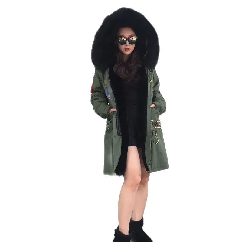 Черная парка с американским флагом из кроличьего меха для женщин Новогодняя