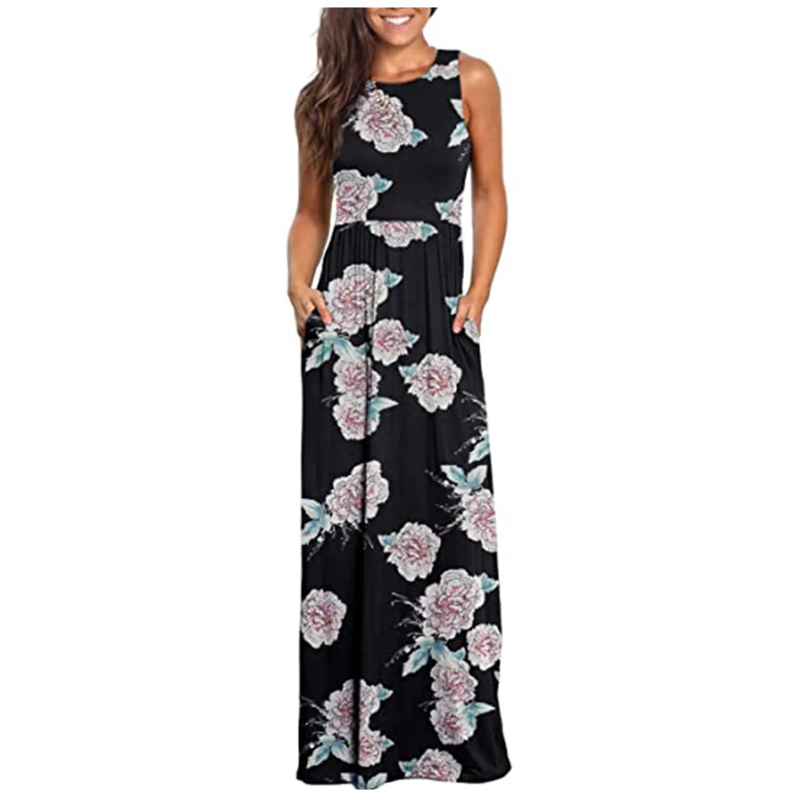 

2021 Women's Sleeveless Pocket Casual Floral Printing Beach Long Maxi Loose Dress For Women Casual Plus Size Dress