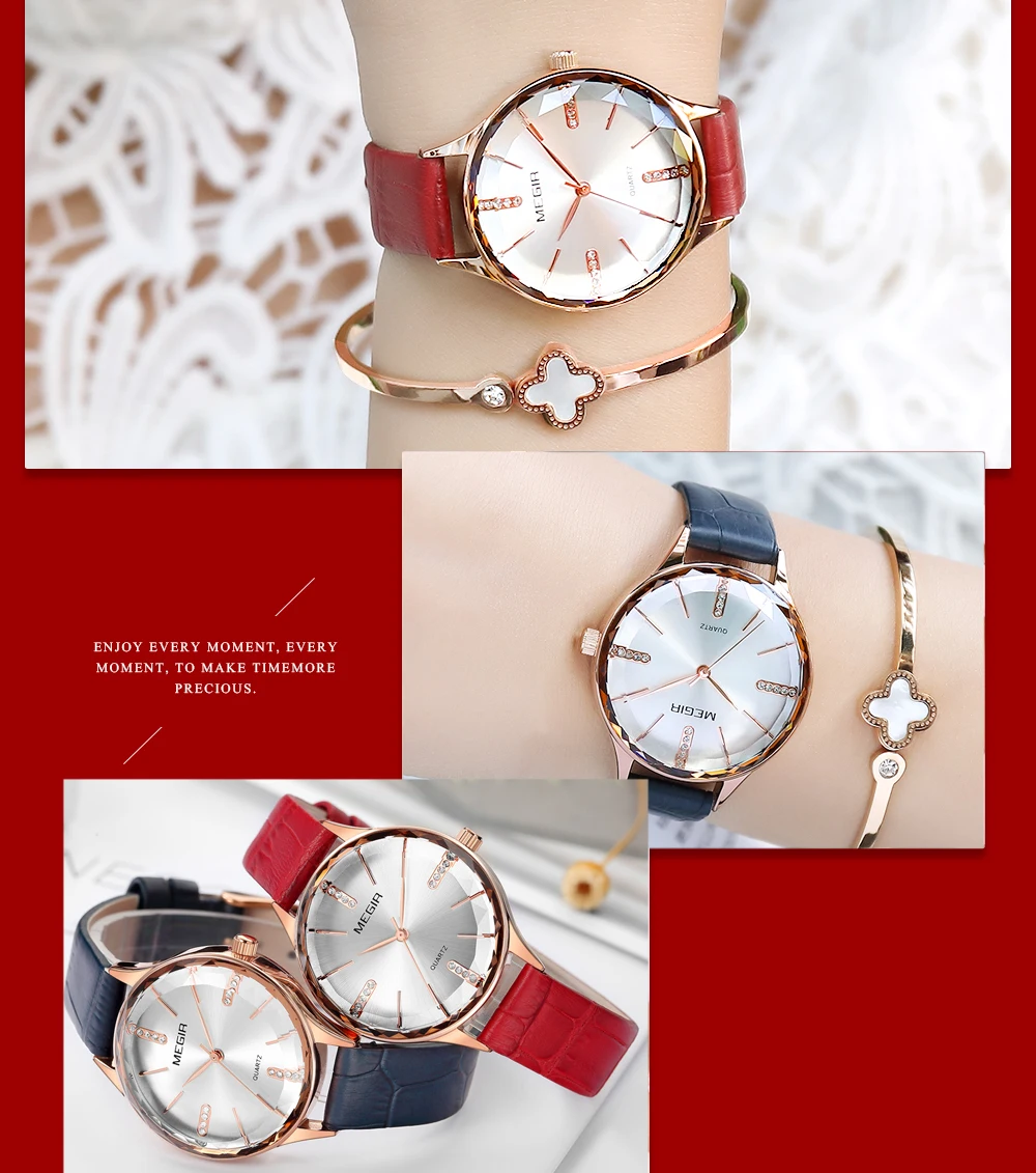 MEGIR Elegant Dress Women Watches Top Brand Luxury Quartz Ladies Watch Crystal Simple Dial Red Leather Strap Clock Waterproof | Наручные