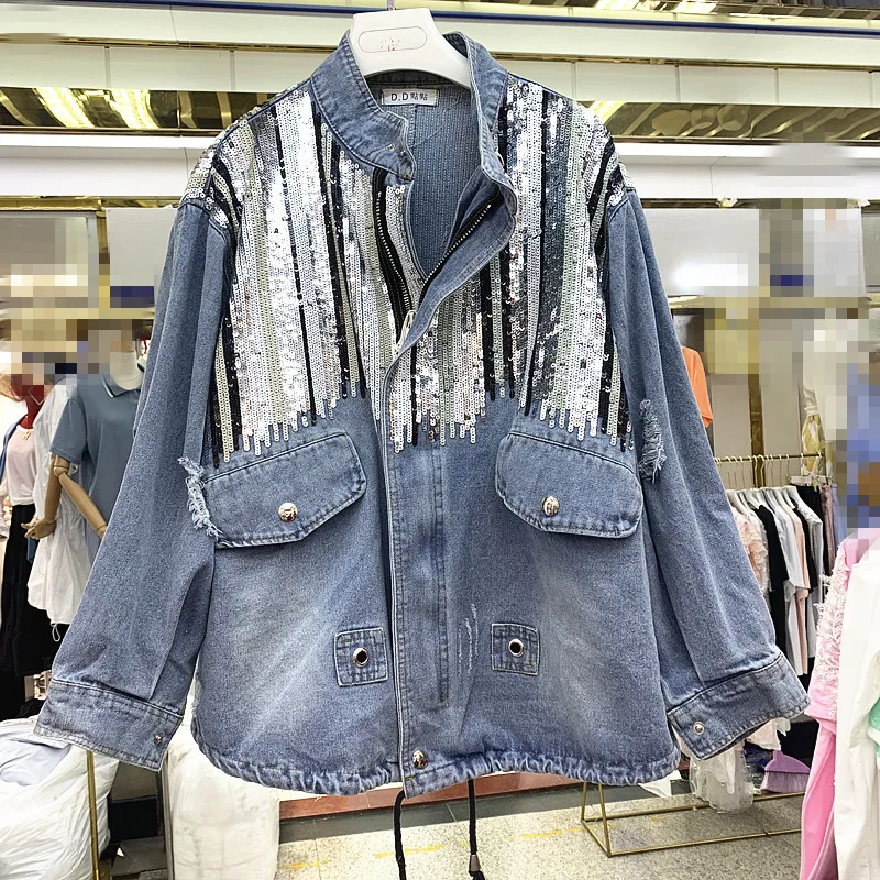 

Женская джинсовая куртка, свободная потертая куртка с блестками, в стиле ретро, осень 2019