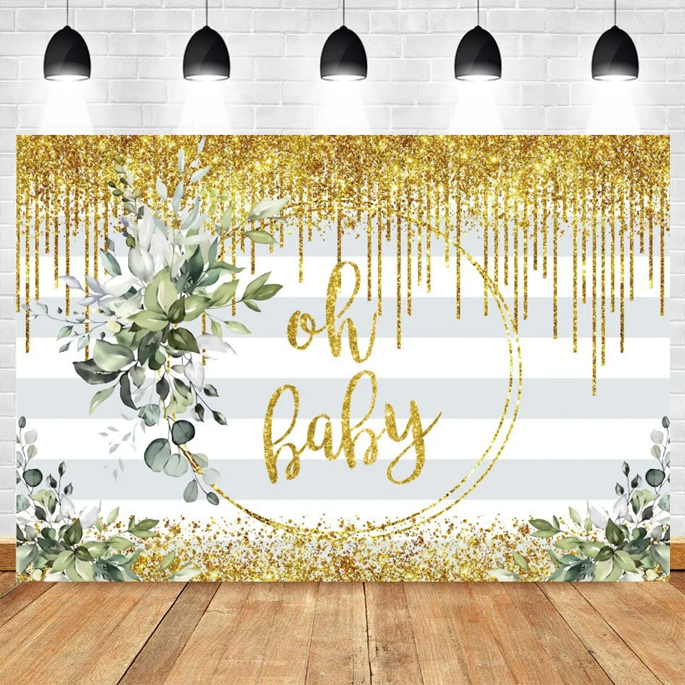 

Oh Baby Newborn Baby Shower Birthday Party Backdrop Boy Or Girl Gender Reveal Golden Green Leaves Photography Background Poster