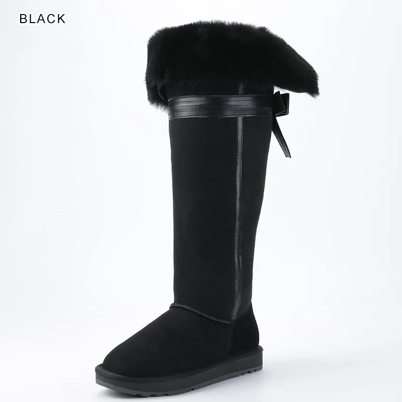 Black Модные стильные высокие женские зимние сапоги выше колена на меху с бантом; зимние сапоги из натуральной овечьей кожи - Цвет: Black