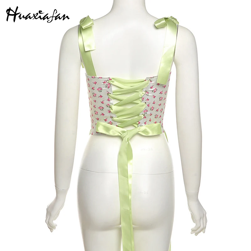 

Huaxiafan Floral Print Top Women Summer Bowknot Ribbon Bandage Fashion Elegant Party Streetwear Camis Chic Tank Tops Female 2021
