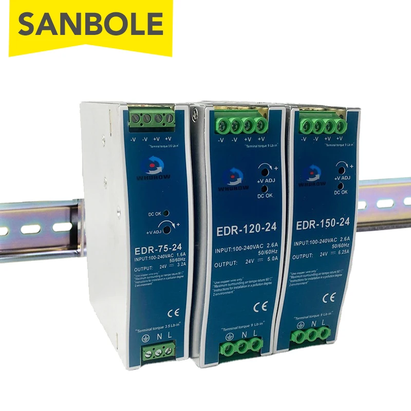 Séries 12v 24v 48v dc 75w 120w 150 Única Saída Industrial Din Trilho Interruptor Fonte de Alimentação Edr75 120 150 Fonte de alimentação de comutação